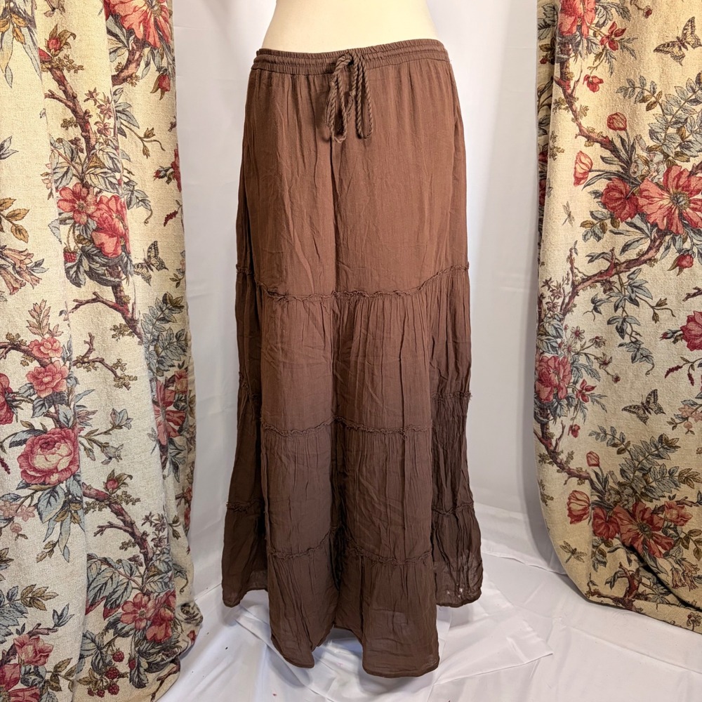 Mudd Y2k Gorgeous Brown Layered Tiered Maxi Skirt Crinkle Boho Cottagecore